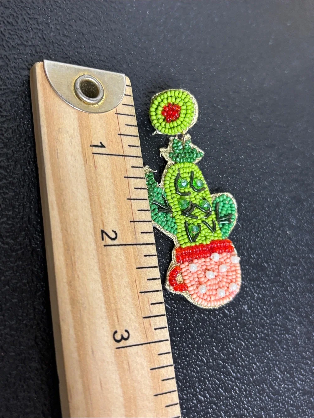 Beaded Cactus Polka Dot Planter Dangle Earrings - Green & Coral